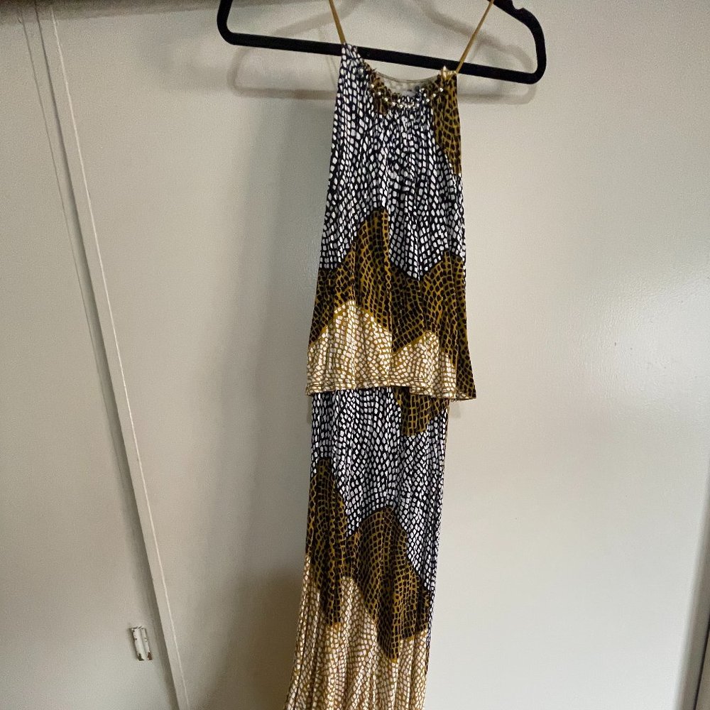 Tiered, Embellished Halter Neck Maxi Dress